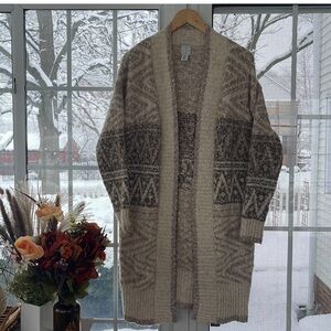 JOIE • Cream brown Nordic fair isle long sweater cardigan duster $198 NWT
